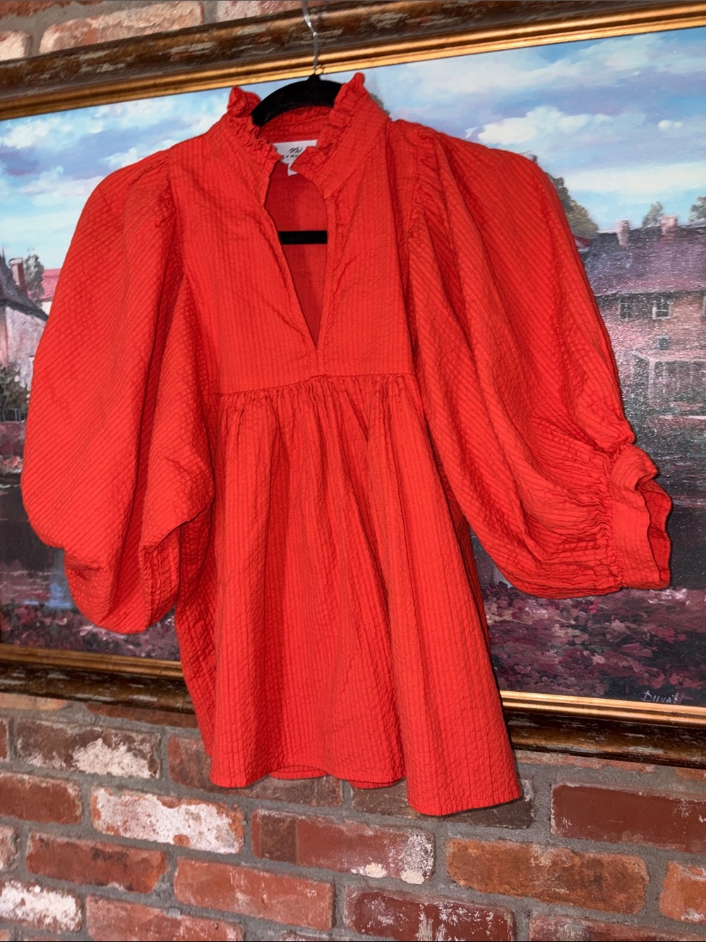 Orange Textured Puff Sleeve Blouse